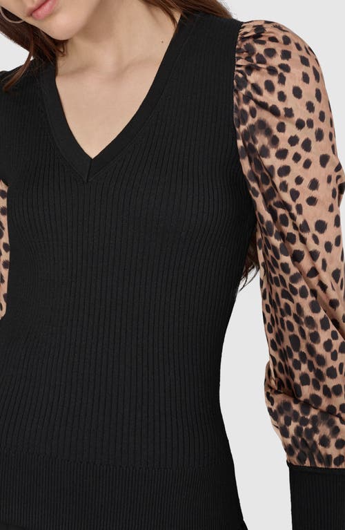 Shop Dkny Rib Puff Shoulder Sweater In Black/cheetah Repeat