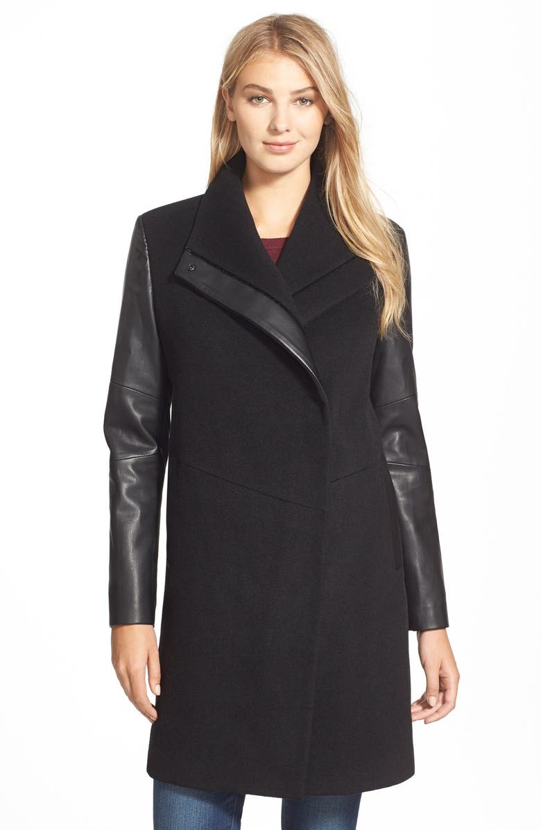 Vera Wang 'Taylor' Faux Leather Sleeve Wool Blend Coat | Nordstrom