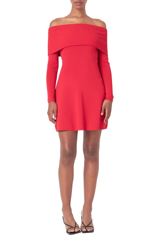 Endless Rose Long Sleeve Off The Shoulder Knit Minidress In Red