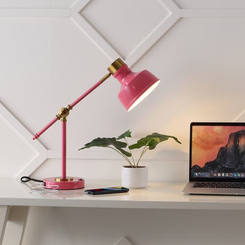 Jonathan Y Allegra Classic Farmhouse Adjustable Cantilever Led Task Lamp With Usb Charging Port In Pink/brass Gold