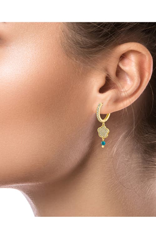 Shop Cz By Kenneth Jay Lane Cz Pavé Clover Dangle Huggie Hoop Earrings In Turquoise/gold