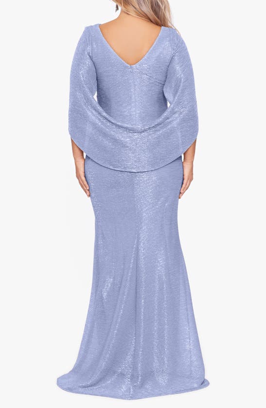 Shop Betsy & Adam Cape Sleeve Metallic Crinkle Gown In Blue/ Silver