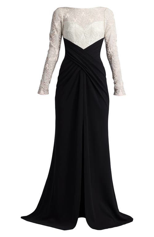 Tadashi Shoji Pleated Two-tone Crepe & Lace Column Gown In Ivory/black