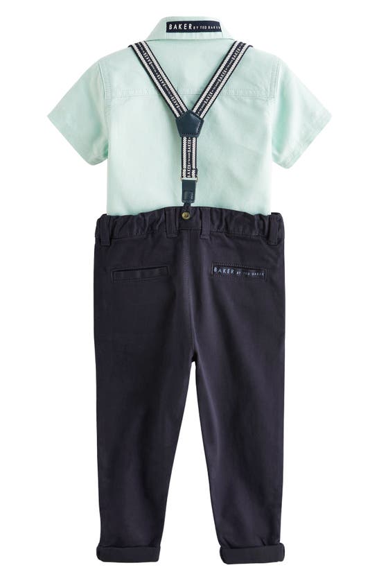 Shop Baker By Ted Baker Kids' Short Sleeve Button-up Shirt, Trousers & Suspenders Set In Green Multi