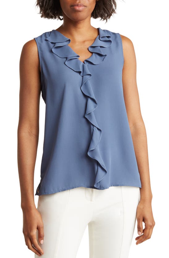 Vince Camuto Ruffle Neck Sleeveless Georgette Blouse In Vintage Blue
