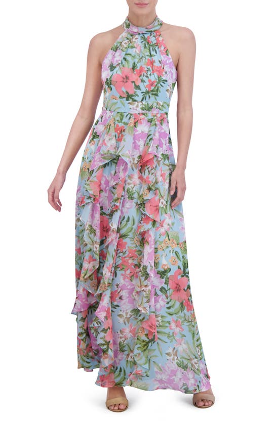 Shop Eliza J Floral Ruffle Detail Maxi Dress In Light Blue