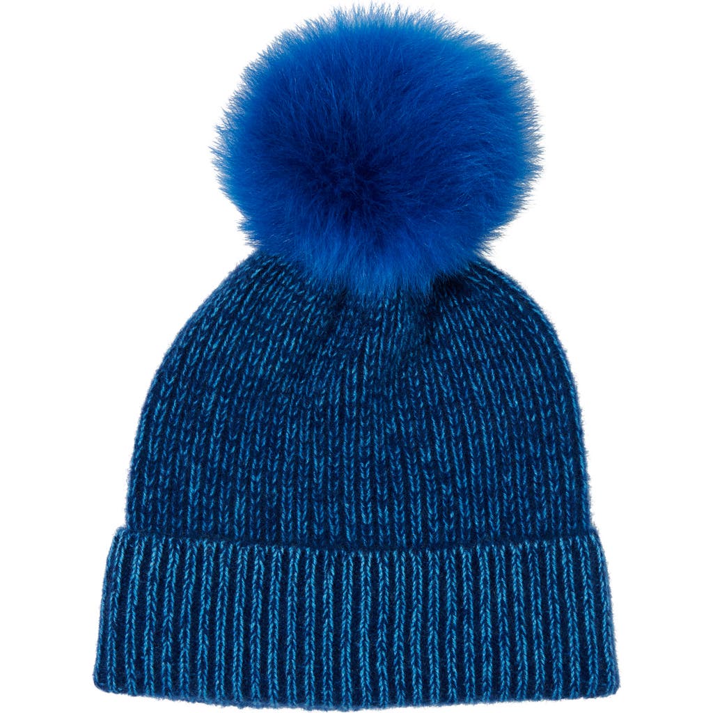 Amicale Two-tone Rib Knit Beanie With Genuine Shearling Pom In Blue