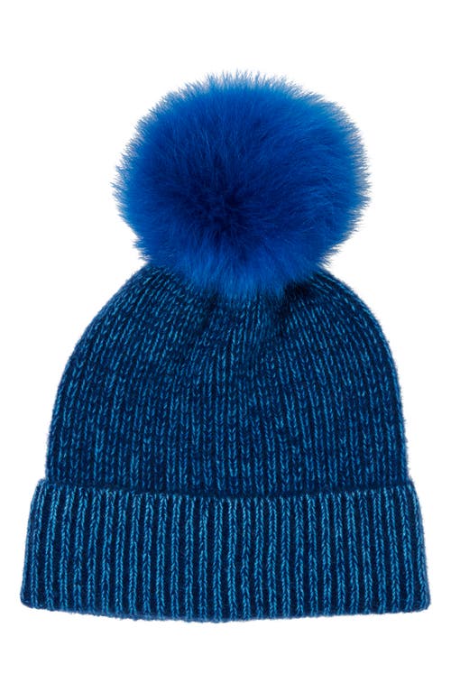 Shop Amicale Two-tone Rib Knit Beanie With Genuine Shearling Pom In Navy/bright Blue