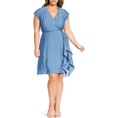 Plus Size City Chic Ruffled Satin Faux Wrap Dress, Blue
