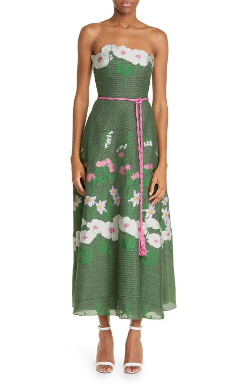Lela Rose Floral Fil Coupé Strapless Dress in Kelly Green