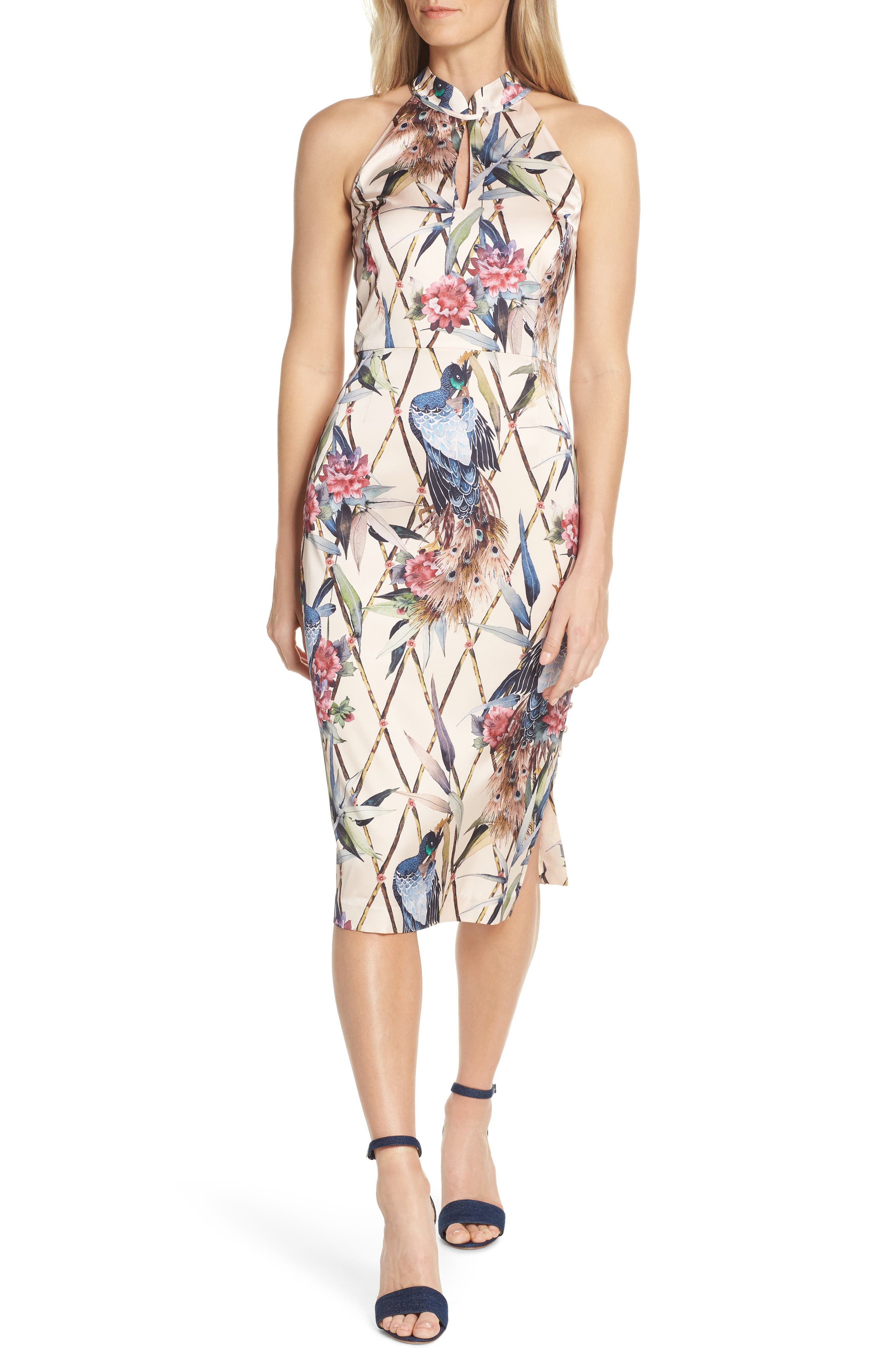 Forest Lily Peacock Halter Sheath Dress, Beige