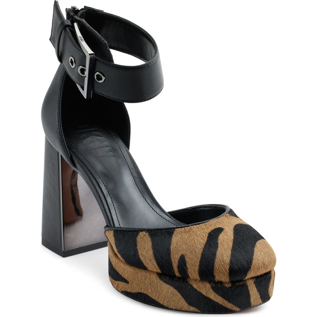 Dkny Barracf Womens Animal Print Calf Hair Ankle Strap In Black/latte