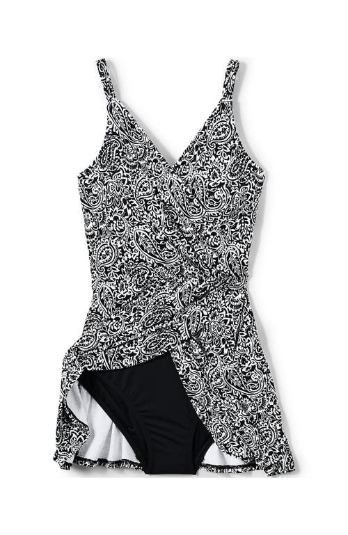 Shop Lands' End V-neck Tulip Wrap Swim Dress One Piece Swimsuit In Black/white Decor Paisley