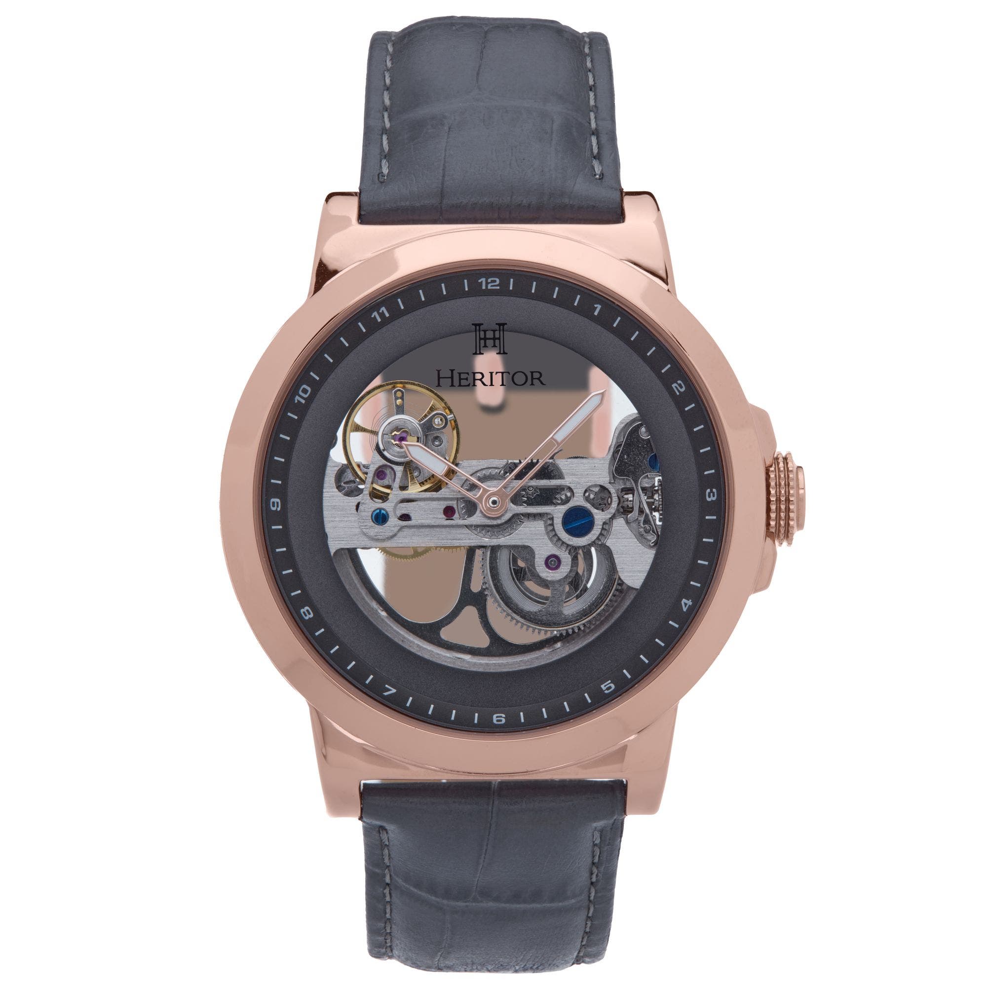 Heritor Automatic Xander Semi-Skeleton Leather-Band Watch in Rose Gold/gray Cover