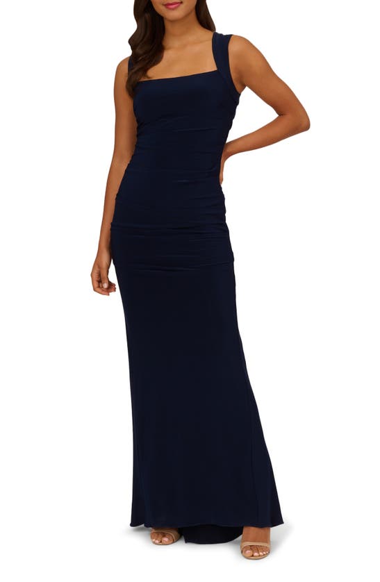 Adrianna Papell Square Neck Ruched Gown In Midnight