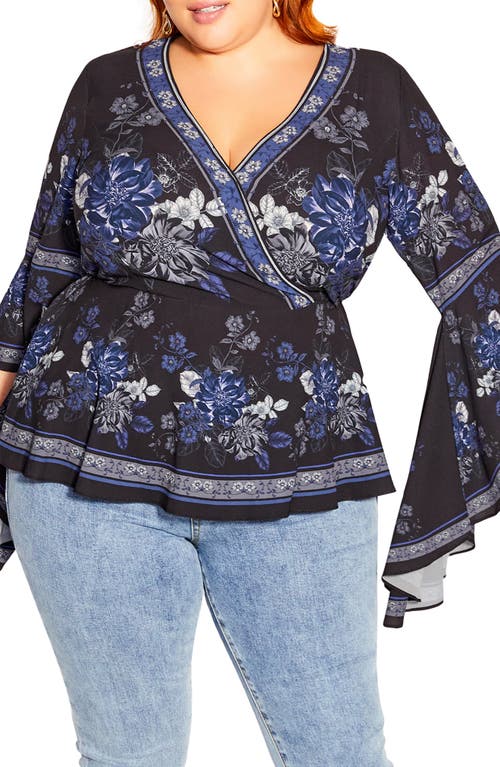 City Chic Ashley Floral Surplice Bell Sleeve Top in Black Epic Border