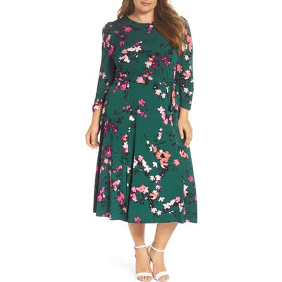 Plus Size Eliza J Floral Print Midi Dress, Green