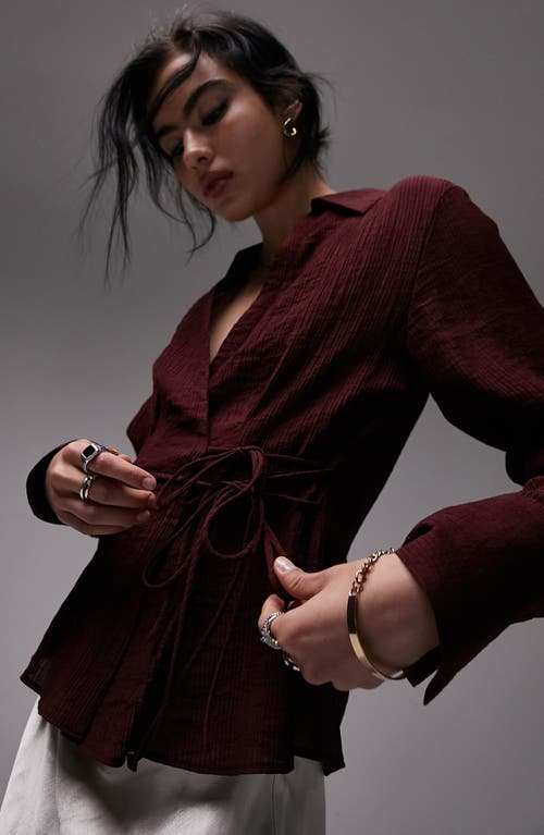 Topshop Textured Tie Waist Shirt Burgundy at Nordstrom, Us