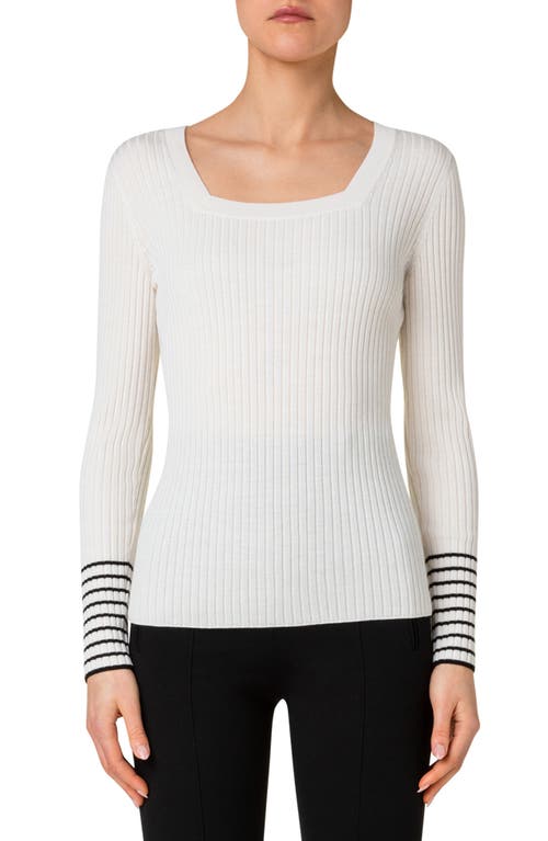 Akris punto Square Neck Rib Virgin Merino Wool Fitted Sweater in 119 Cream-Black at Nordstrom, Size 10