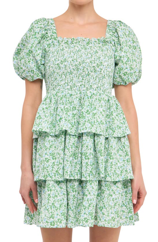 Free The Roses Crinkled Floral Linen Smocked Tiered Mini Dress In Green