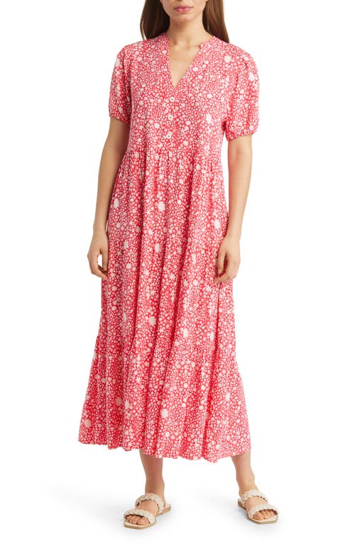 caslon(r) Floral Short Sleeve Tiered Maxi Dress in Red- White Floral