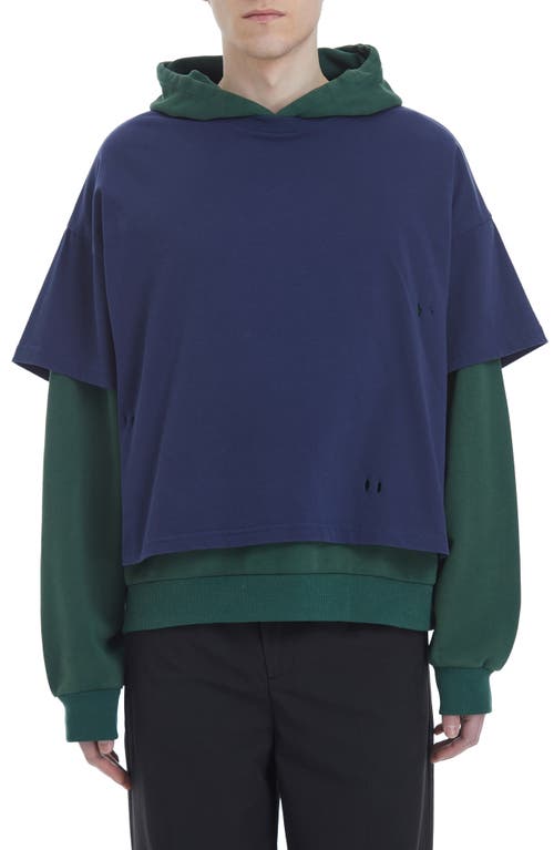 Colorblock Layered Look Cotton Hoodie in Navy/Forest