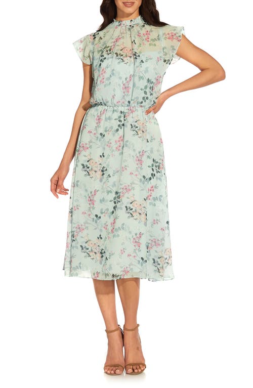 Adrianna Papell Floral Print Smocked Chiffon Dress in Mint Multi