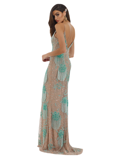 Shop Lara New York Danika Floral Beaded Sheath Beaded Dress With Beaded Fringe In Nude/mint