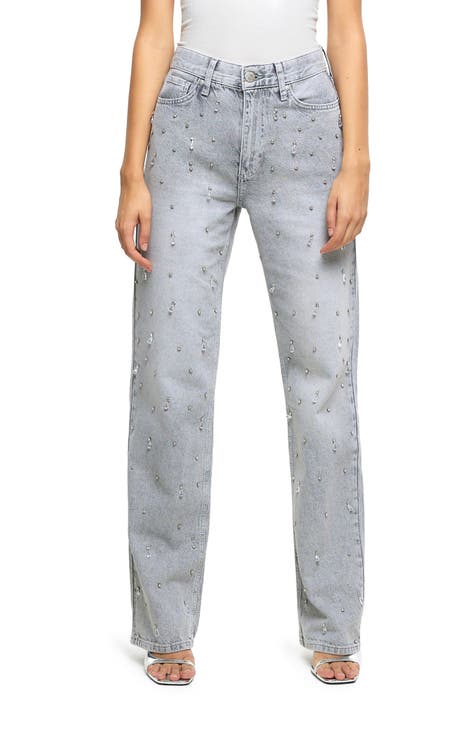 Floral Embellished Wide Crop Jean with Pearl/Jewel Accents