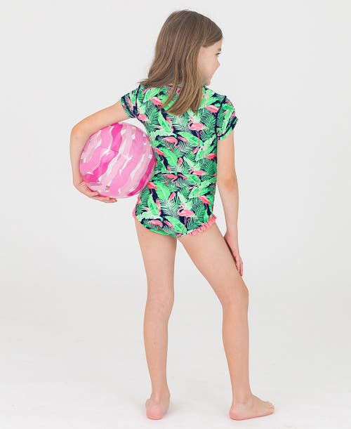 Shop Rufflebutts Toddler Girls Short Sleeve Upf50+ One Piece Rash Guard In Flamingo Frenzy