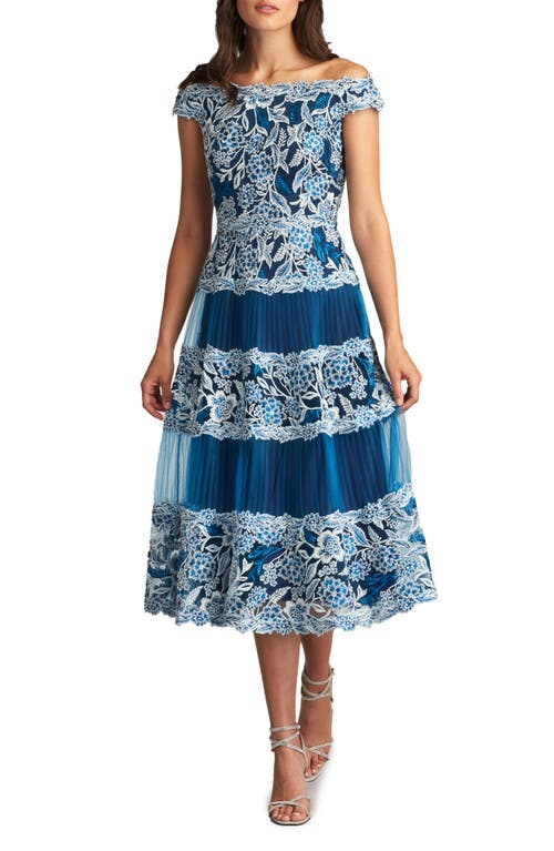 Tadashi Shoji Embroidered Floral Lace Pleated Off the Shoulder Dress Pacific Blue at Nordstrom,