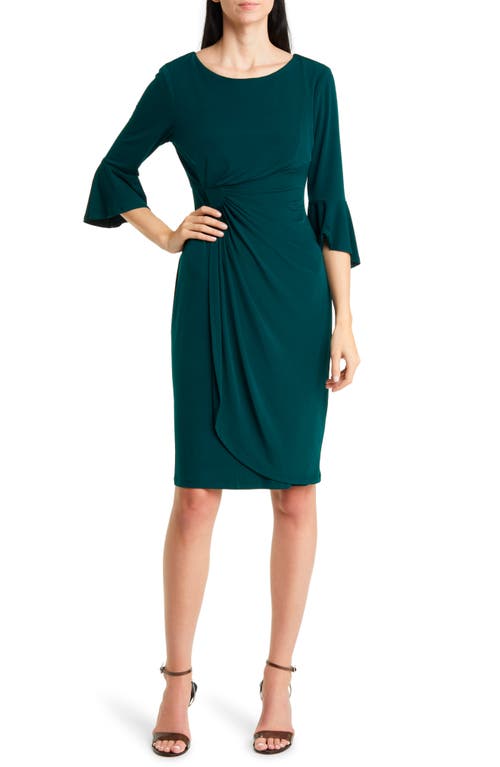 Ruched Bell Sleeve Faux Wrap Cocktail Dress in Hunter