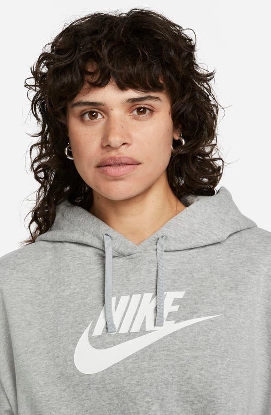 Shop Nike Sportswear Club Fleece Crop Hoodie Sweatshirt In Dk Grey Heather/ White