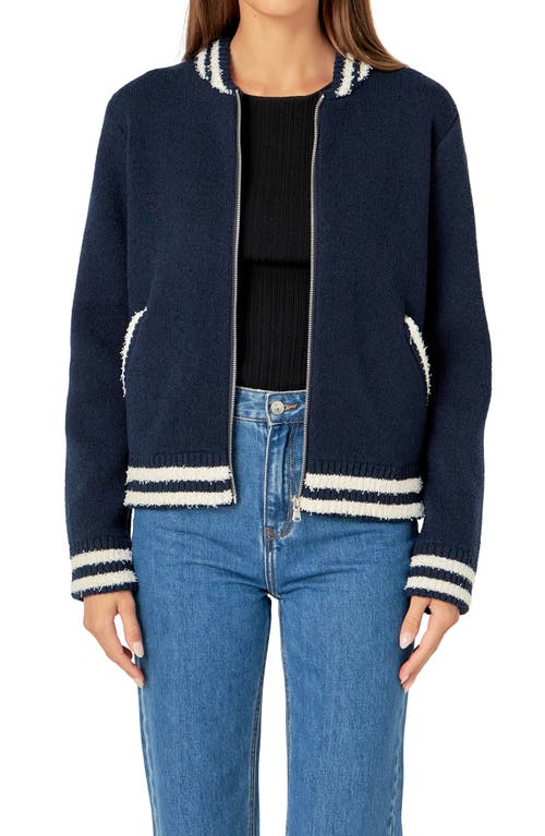 Shop English Factory Knit Bomber Jacket In Navy