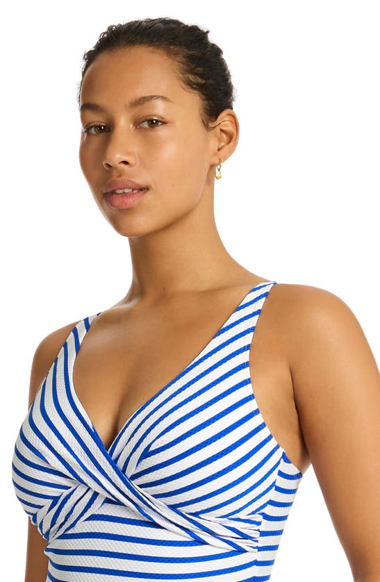 Shop Sea Level Stripe Cross Front Multifit One-piece Swimsuit In Blue