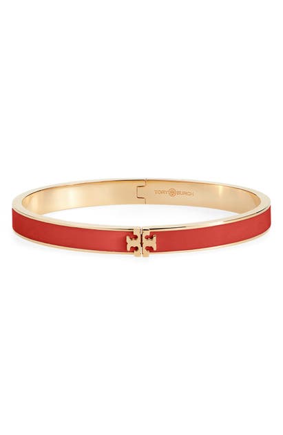Tory Burch Kira Logo Enamel Hinge Bracelet In Tory Gold / Poppy Red