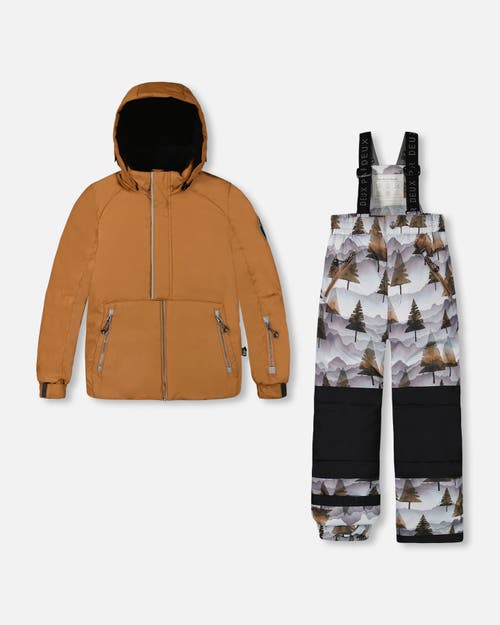 Shop Deux Par Deux Boy's Two Piece Snowsuit Solid Brown Jacket And Grey Landscape Printed Brown Trees In Printed Gradient Mountains