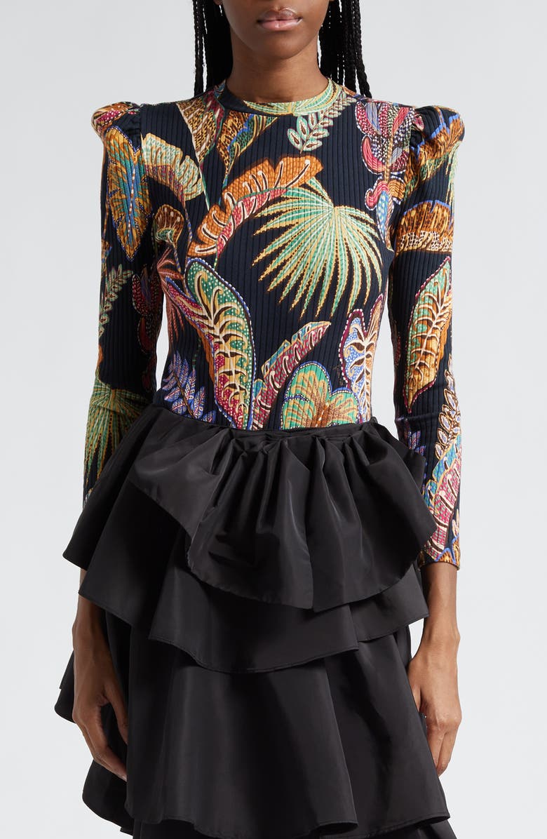 FARM Rio Cool Foliage Rib ThreeQuarter Sleeve Bodysuit Nordstrom