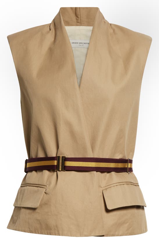 Shop Dries Van Noten Belted Stonewashed Cotton Twill Wrap Vest In Beige