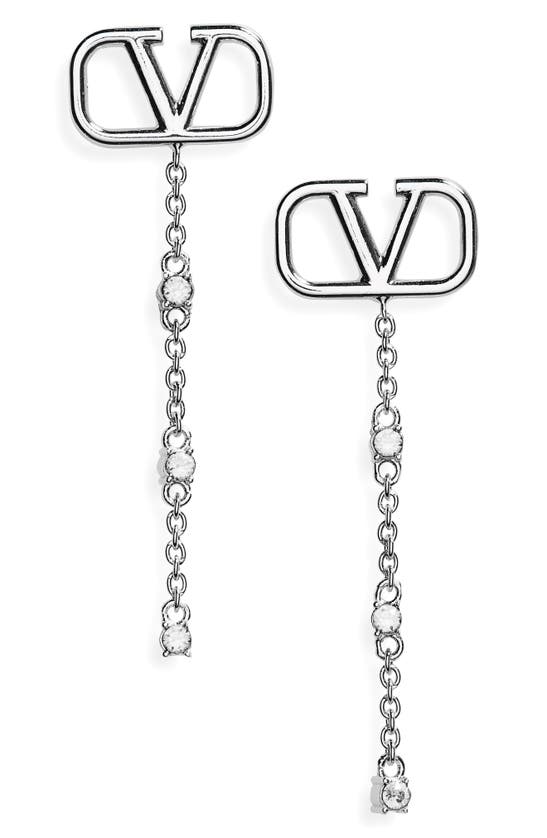 Shop Valentino Mini Vlogo Crystal Drop Earrings In Palladium/crystal Silver