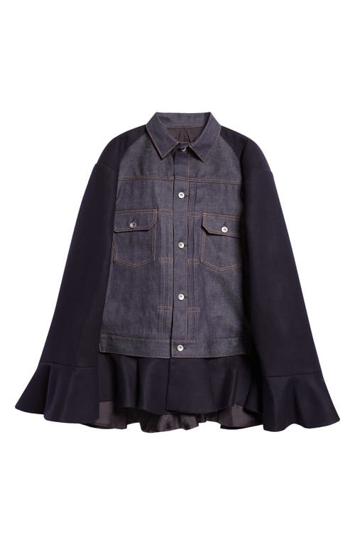 SACAI SACAI MIXED MEDIA DENIM & MELTON WOOL CAPE JACKET 