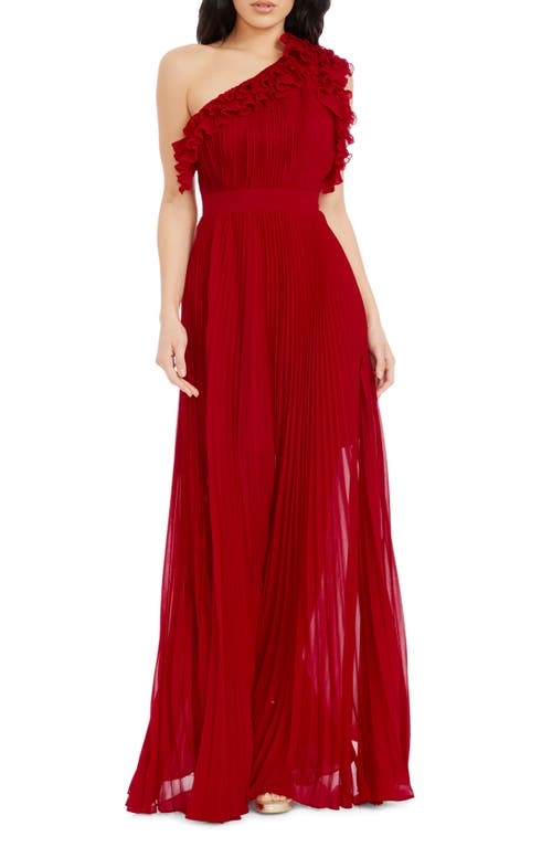 Dress the Population Vida One-Shoulder Pleated Chiffon Gown in Garnet 