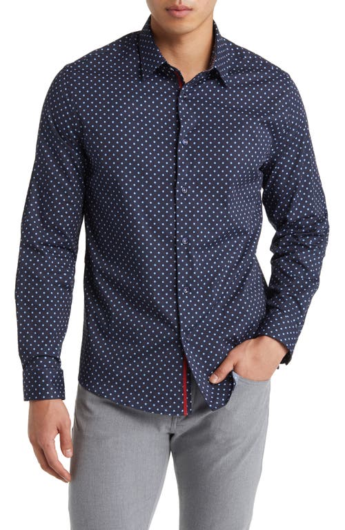 Painted Dot Print Stretch Cotton Button-Up Shirt in Navy