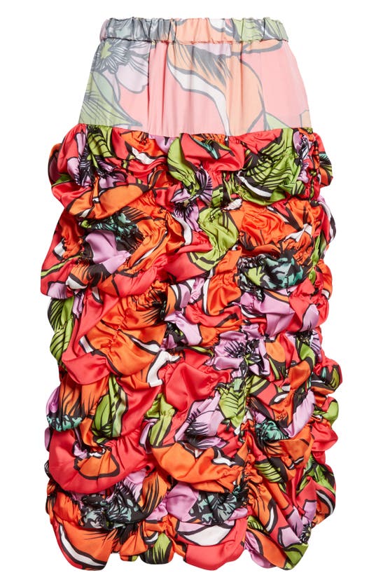 Shop Comme Des Garçons Floral Ruched Satin Midi Skirt In Red Multi
