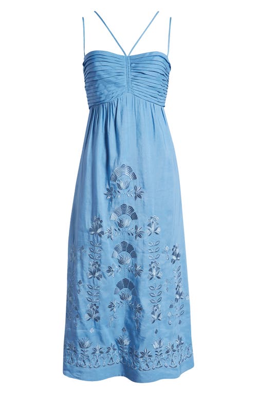 Shop Kobi Halperin Ariella Floral Embroidered Linen Blend Midi Dress In Skyline