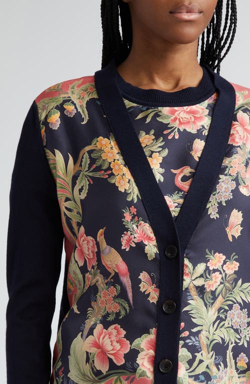 Shop Etro Floral Silk & Wool Mixed Media Cardigan In Navy Multi