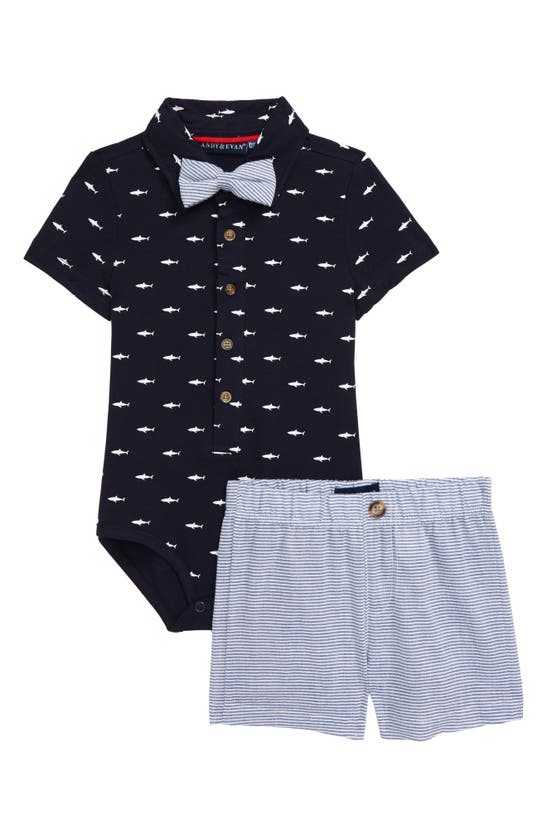 ANDY & EVAN ANDY & EVEN NAVY SHARK POLO BODYSUIT & SHORTS SET,S20ST23054A