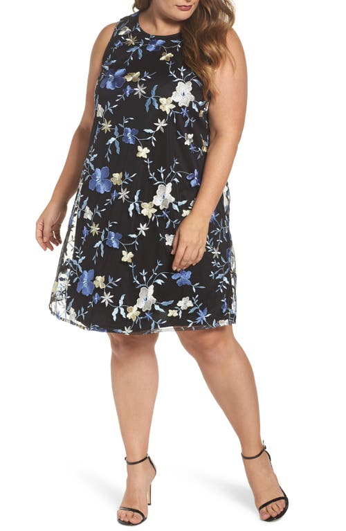 ECI Floral Embroidered A-Line Dress in Black/Blue 