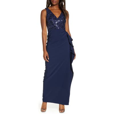 Vince Camuto Sequin Bodice Laguna Crepe Gown, Blue