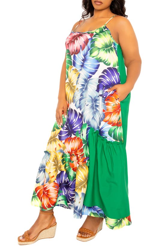 Shop Buxom Couture Palm Print Blocked Maxi Sundress In Green Multi